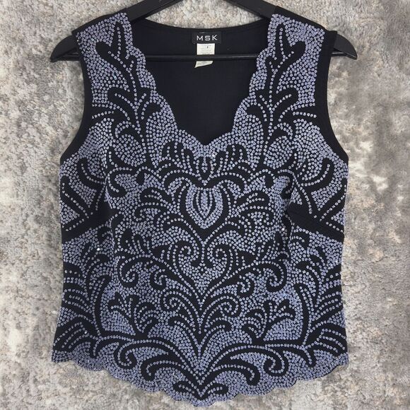 MSK Sz M Beaded Embellished Top Scalloped Sleeveless Holiday Event Blouse - Picture 1 of 6